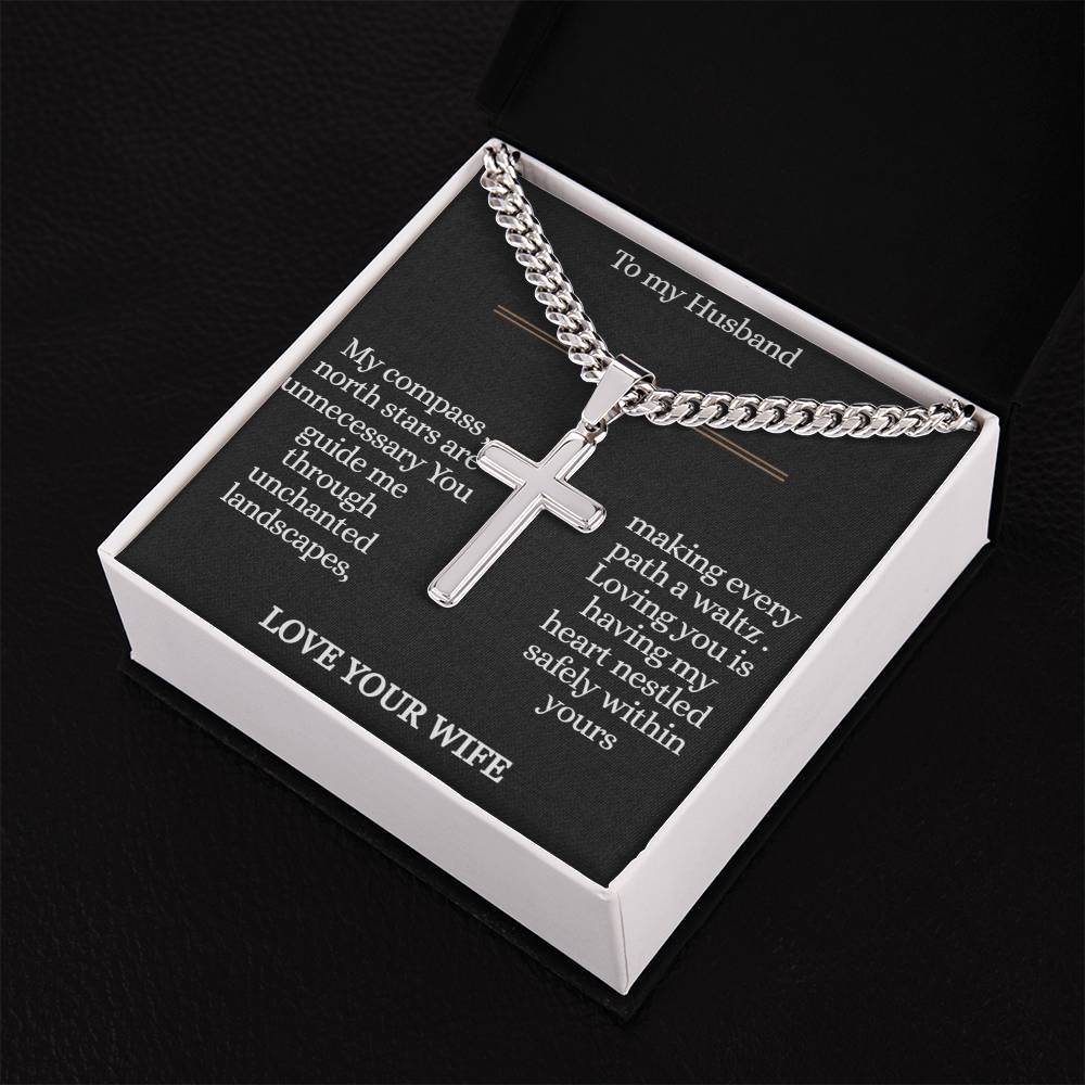To My Husband , Journey , Personalized Steel Cross Necklace on Cuban Chain