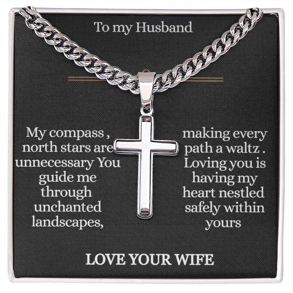 To My Husband , Journey , Personalized Steel Cross Necklace on Cuban Chain