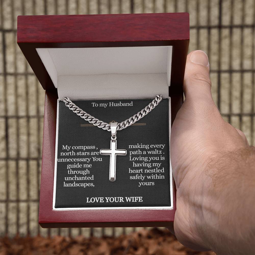 To My Husband , Journey , Personalized Steel Cross Necklace on Cuban Chain