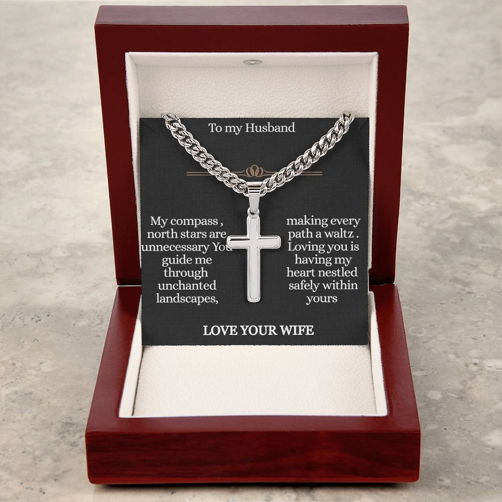 To My Husband , Journey , Personalized Steel Cross Necklace on Cuban Chain