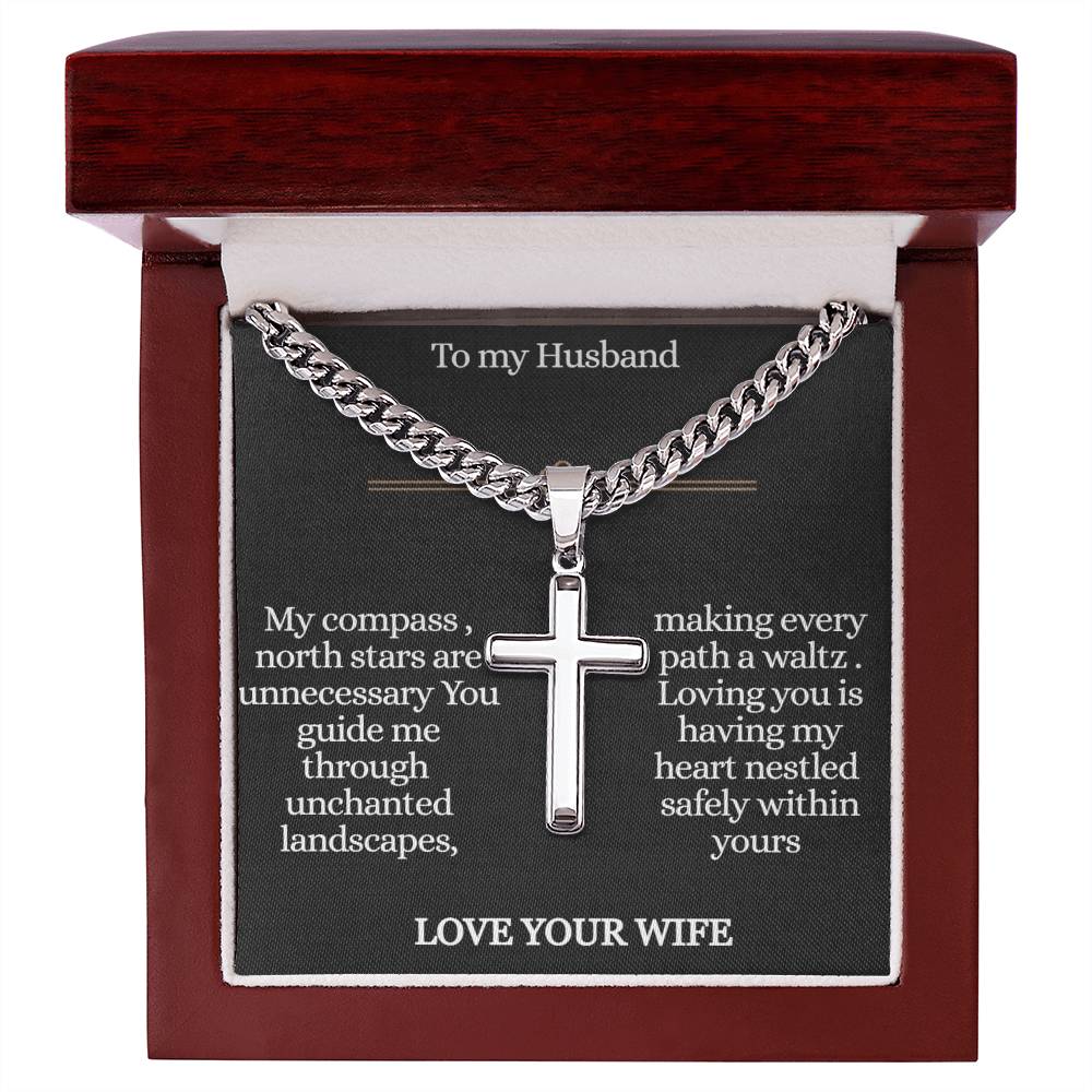 To My Husband , Journey , Personalized Steel Cross Necklace on Cuban Chain
